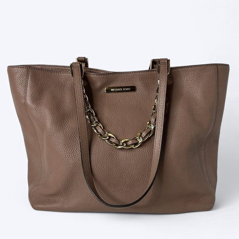 Michael Kors Harper East West Tote Shoulder Bag Gold Chain Pebble Leather